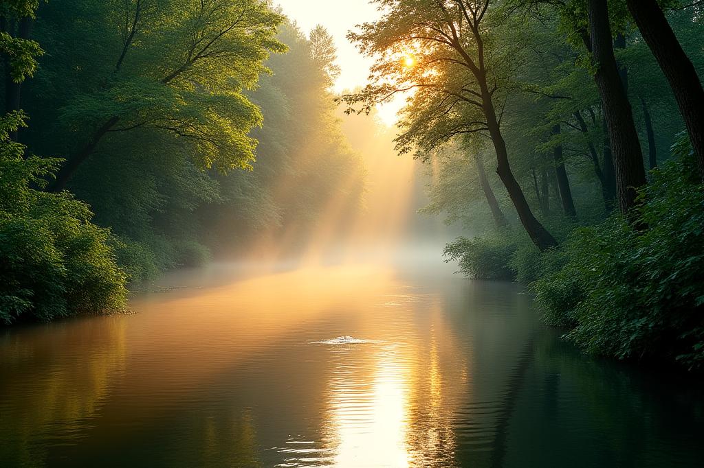 Une rivière paisible traversant une forêt dense au lever du soleil.