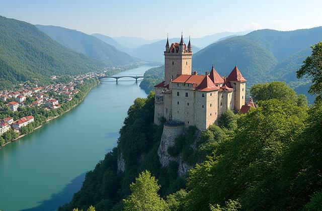 Château idyllique perché sur une colline le long du Danube en Europe centrale