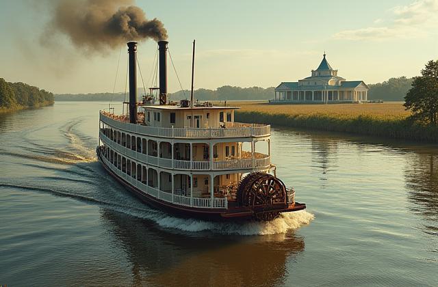 Steamboat à aubes naviguant sur le Mississippi au cœur d'une plantation de coton