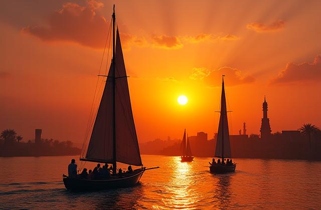 Feluques traditionnelles naviguant sur le Nil au coucher du soleil avec des temples anciens en arrière-plan