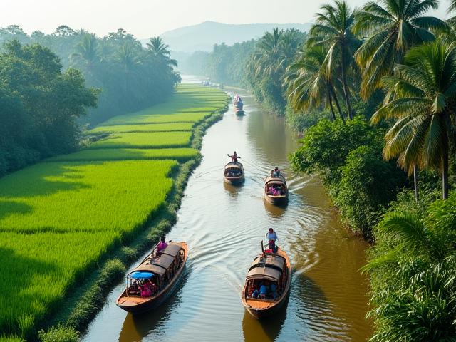 Paysage verdoyant du Delta du Mékong avec des bateaux flottants