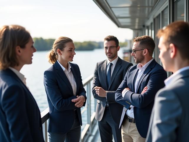 Groupe de professionnels sur le pont d'une péniche lors d'un événement d'entreprise
