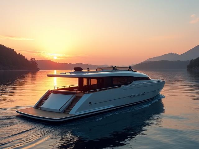 Péniche de luxe sur un fleuve au coucher du soleil