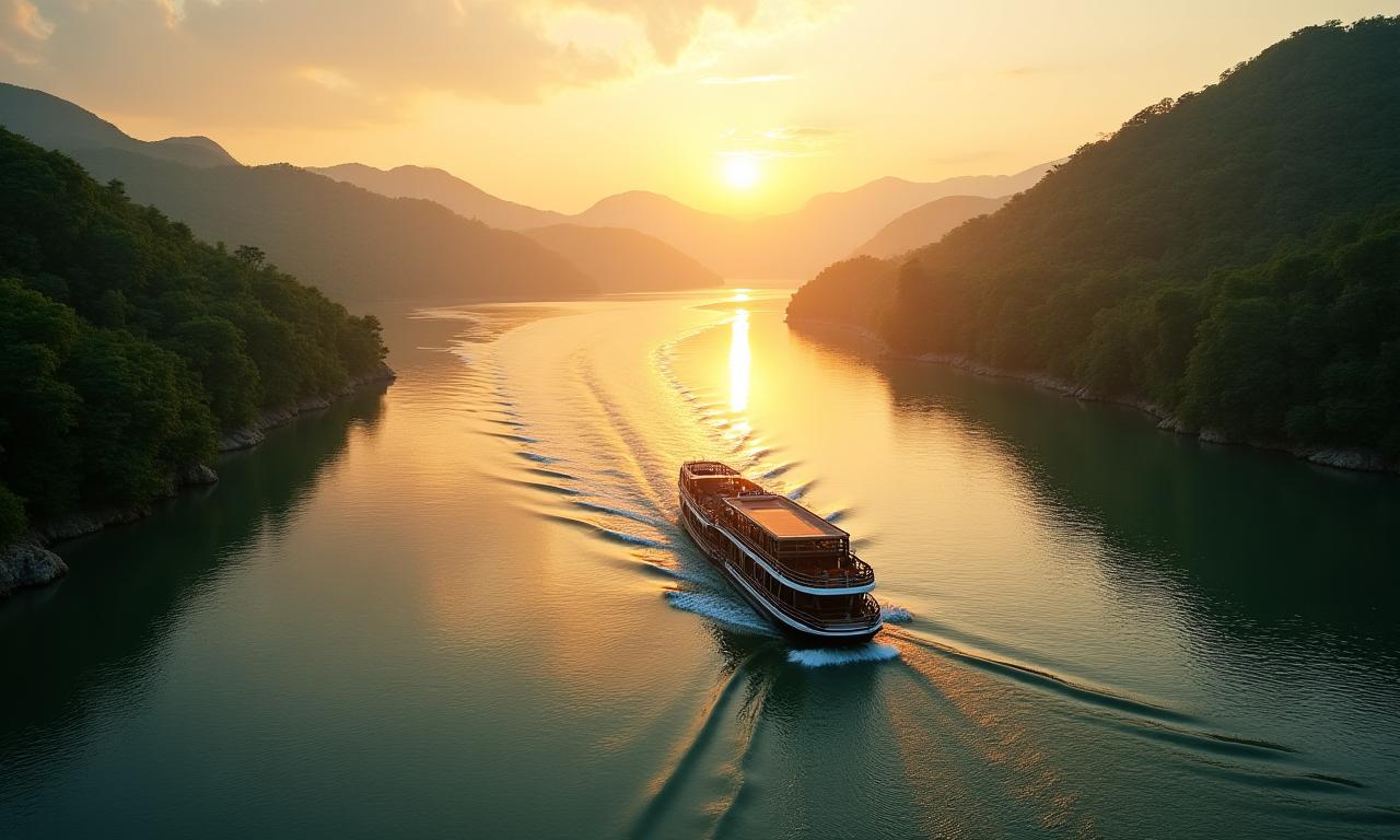 Bateau de luxe sur une rivière paisible traversant des paysages luxuriants au lever du soleil.